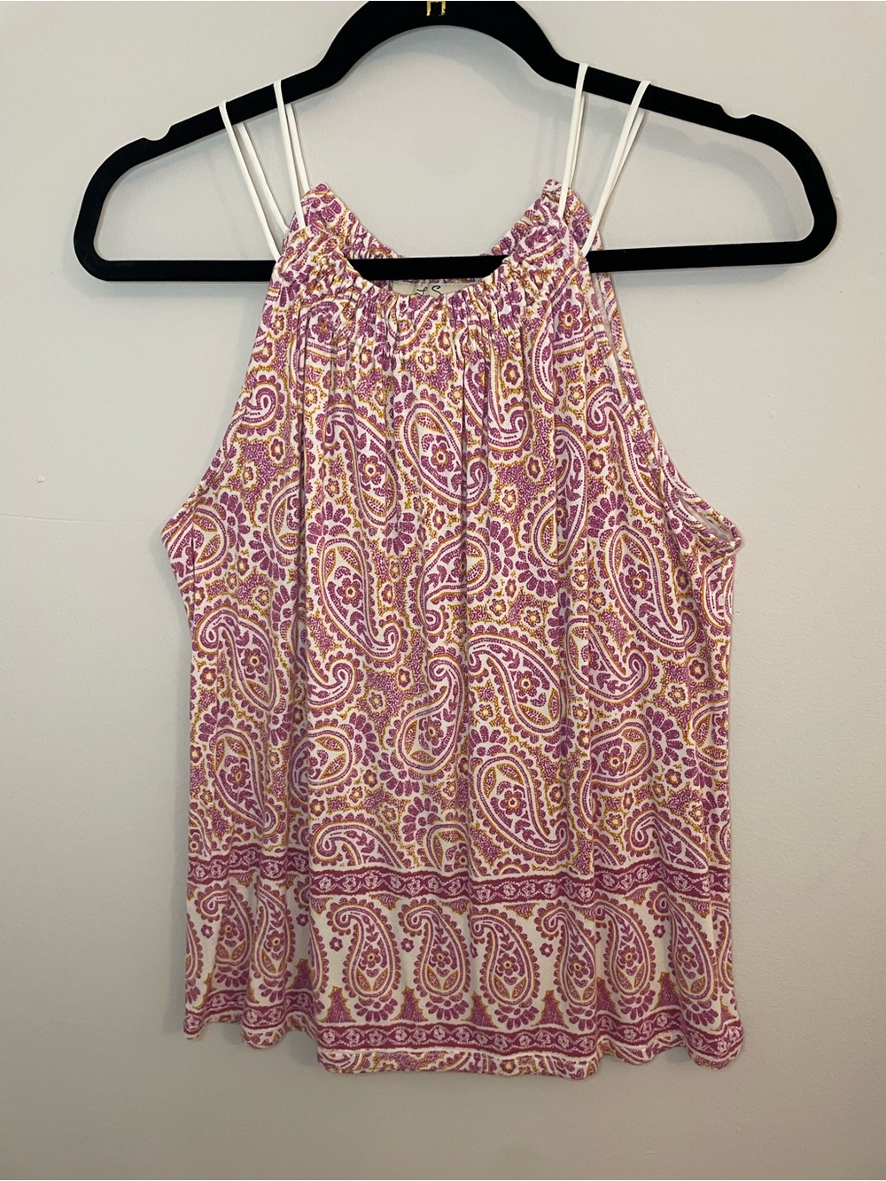 Women's Pink Paisley Halter Tank Top with Ivory Accents